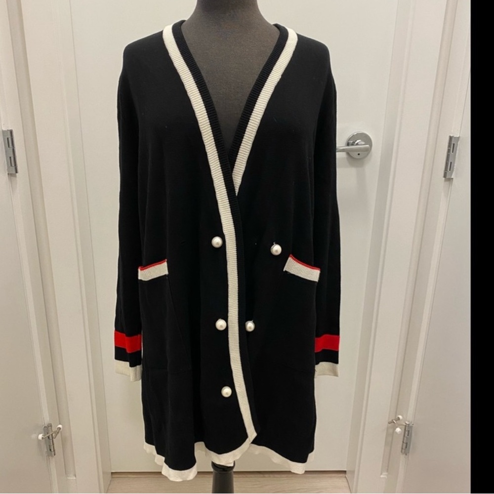 Zara Black and White and Red pearl detail Cardigan Sweater